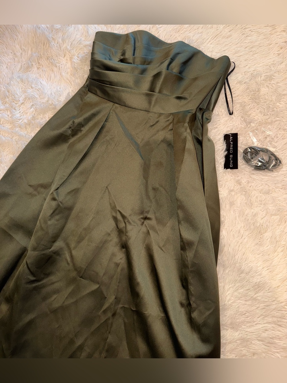 NEW ALFRED SUNG Josephine Olive Green Straplesss Mikado Gown Sz 18 - Picture 5 of 8